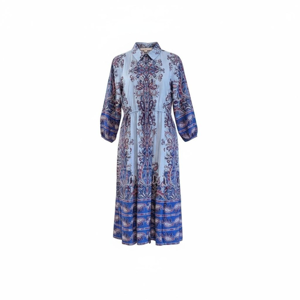 Loft Light Blue Paisley Floral Midi Shirtdress‎ Size XS Button Front Collar Belt - Picture 4 of 7